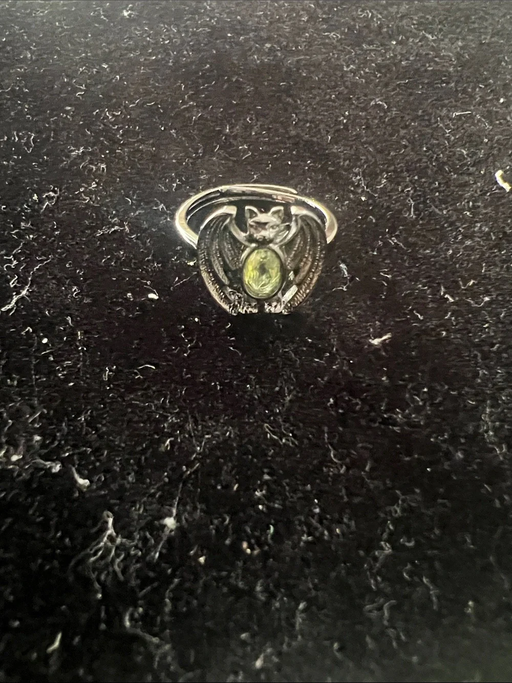 Silver Bat Motif Ring with Green Gemstone